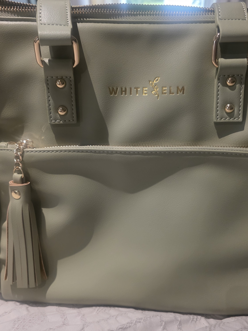 White Elm Sage Green Laptop Tote with Tassel